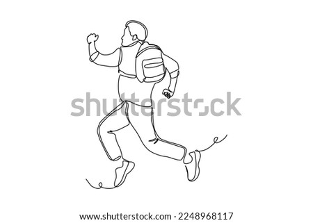 continuous single one line drawing art of college campus happy student man jumping with bag backpack. vector illustration