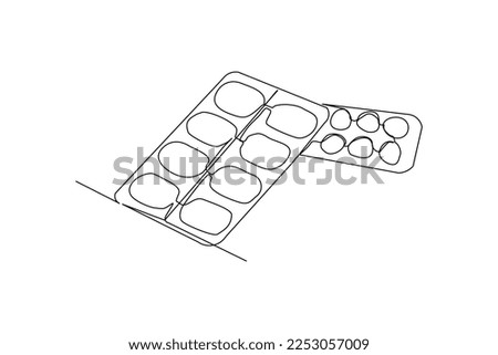 Continuous single one line drawing of medicine pill or capsule tablet. Vector illustration of medical drug pharmacy care.