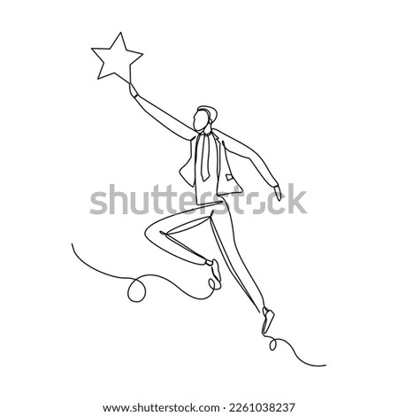 Continuous single one line drawing of businessman reaching star. Vector illustration concept of business reward, success, career goal.