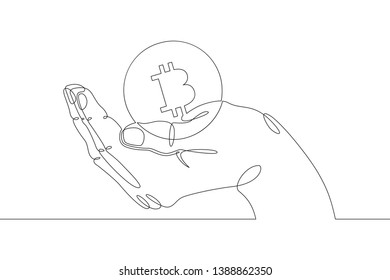 Continuous single one line hand drawing isolated  cryptocurrency , bit, currency, business, symbol, financial, money, cash, bitcoin, hand, coin