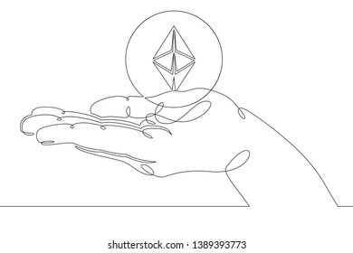 Continuous single one line hand drawing isolated palm cryptocurrency , bit, currency, business, symbol, financial, money, cash, bitcoin, hand, coin, ethereum