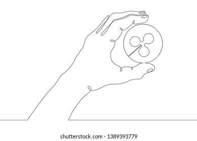 Continuous single one line hand drawing isolated palm  cryptocurrency , bit, currency, business, symbol, financial, money, cash, bitcoin, hand, coin,ripple