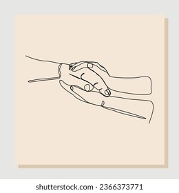 Continuous single one line of hands offering help salvation. Vector illustration