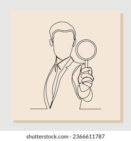 Continuous single one line sketch hand drawn drawing of business man hold magnifying glass to analyze work. Vector illustration