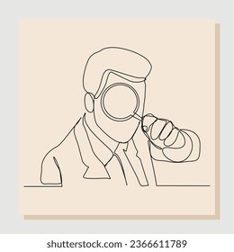 Continuous single one line sketch hand drawn drawing of business man hold magnifying glass to analyze work. Vector illustration