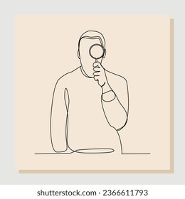 Continuous single one line sketch hand drawn drawing of business man hold magnifying glass to analyze work. Vector illustration