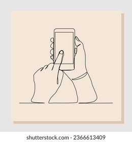 Continuous single one line sketch hand drawn drawing of hand holding smartphone. One line concept of finger click phone. Vector illustration