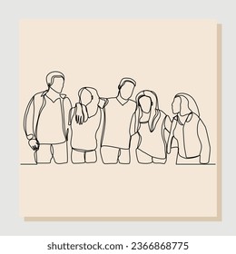 Continuous single one line sketch hand drawn drawing of men and women thumb up and embrace together in friendship. Vector illustration