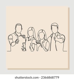 Continuous single one line sketch hand drawn drawing of men and women thumb up and embrace together in friendship. Vector illustration