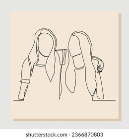 Continuous single one line sketch hand drawn drawing of women girl embrace together in friendship. Vector illustration