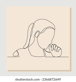 Continuous single one line sketch hand drawn drawing of woman suffer cough and holding chest. Vector illustration