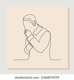 El dibujo de una línea continua dibuja a mano el dibujo del hombre que sufre tos y sostiene el pecho. Ilustración del vector