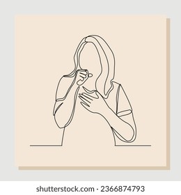 Continuous single one line sketch hand drawn drawing of woman suffer cough and holding chest. Vector illustration