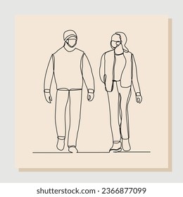 Continuous single one line sketch hand drawn drawing of man and woman walking wear medical mask to protect virus and disease. Vector illustration