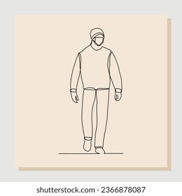 Durchgängige, einzeilige Skizze, handgezeichnet, von Menschen zu Fuß gezeichnet, trägt eine medizinische Maske zum Schutz von Viren und Krankheiten. Vektorgrafik