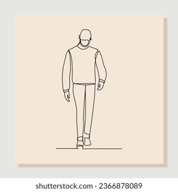 Continuous single one line sketch hand drawn drawing of man walking wear medical mask to protect virus and disease. Vector illustration