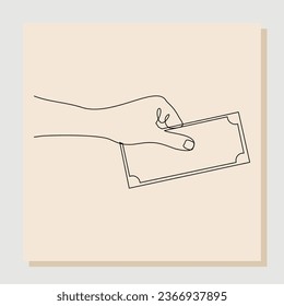 Continuous single one line sketch hand drawn drawing of hand hold money to give charity or pay something. Vector illustration