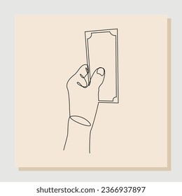 Continuous single one line sketch hand drawn drawing of hand hold money to give charity or pay something. Vector illustration