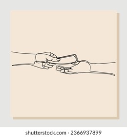 Continuous single one line sketch hand drawn drawing of hand hold money to give charity or pay something. Vector illustration