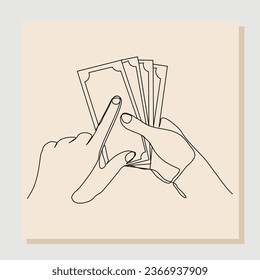 Durchgehende Einzelskizze, handgezeichnet von Hand, halten Geld, um Wohltätigkeit zu geben oder etwas zu bezahlen. Vektorgrafik