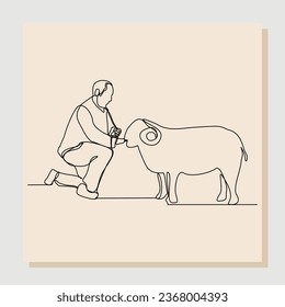 Continuous single one line sketch hand drawn drawing of muslim man with goat, sheep, lamb for islamic sacrifice event . Vector illustration