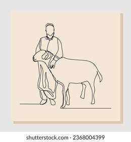 Continuous single one line sketch hand drawn drawing of muslim man with goat, sheep, lamb for islamic sacrifice event . Vector illustration