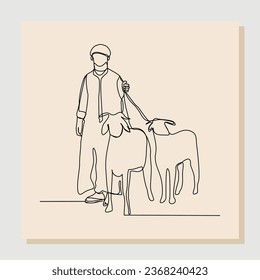 Un esbozo continuo de una sola línea dibujado a mano por un hombre musulmán con cabra, oveja, cordero para el evento de sacrificio islámico. Ilustración del vector