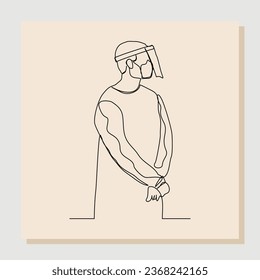 Esbozo continuo de una sola línea dibujado a mano de un hombre médico en traje protector hazmat para proteger el cuerpo del virus y la enfermedad. Ilustración del vector