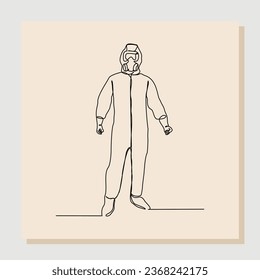 Esbozo continuo de una sola línea dibujado a mano de un hombre médico en traje protector hazmat para proteger el cuerpo del virus y la enfermedad. Ilustración del vector