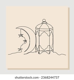continuous single one line sketch hand drawn drawing of islamic lantern. Single line art of ramadan kareem greeting card concept. Vector illustration