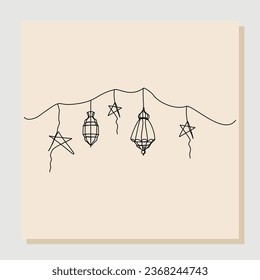 continuous single one line sketch hand drawn drawing of islamic lantern. Single line art of ramadan kareem greeting card concept. Vector illustration