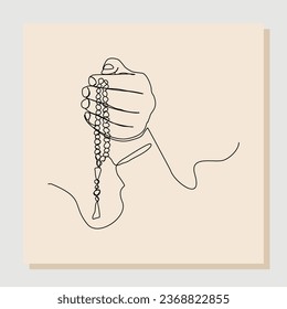 Continuous single one line sketch hand drawn drawing of palm hand hold islamic prayer bead. Single line art of ramadan kareem and ied mubarak concept. Vector illustration