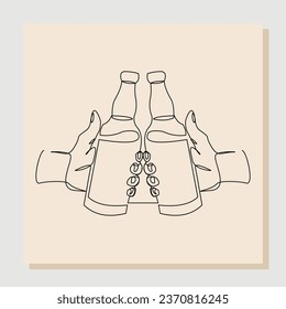 continuous single one line sketch hand drawn drawing of hand cheering and holding bottle wine liquor. Vector illustration