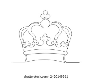 Continuous single one line sketch drawing of royal king and queen golden crown. One line art of luxury kingdom emperor jewel vector illustration