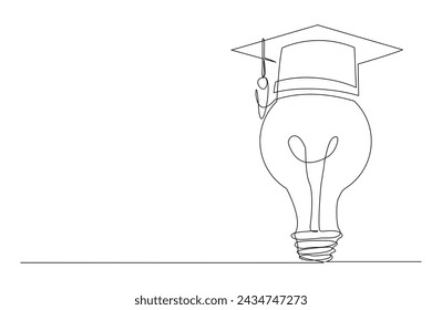 Continuous single one line sketch drawing of bulb lamp idea graduation student college hat cap education vector illustration