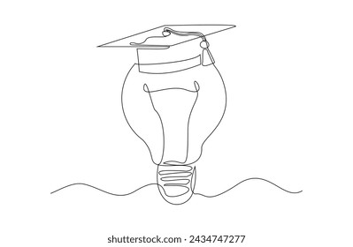 Continuous single one line sketch drawing of bulb lamp idea graduation student college hat cap education vector illustration