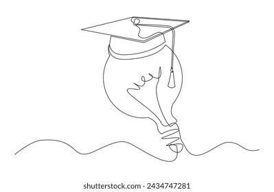 Continuous single one line sketch drawing of bulb lamp idea graduation student college hat cap education vector illustration