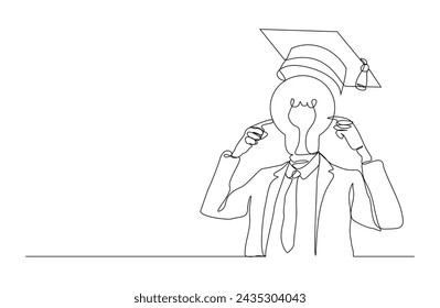 continuous single one line sketch drawing of man with bulb idea head wearing collage graduation hat cap. Smart genius people business finance and study school vector illustration