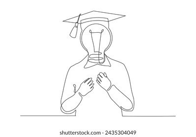 continuous single one line sketch drawing of man with bulb idea head wearing collage graduation hat cap. Smart genius people business finance and study school vector illustration