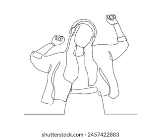 Continuous single one line sketch drawing of young woman happy listening music melody on headphones earphone object technology entertainment vector illustration