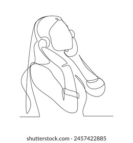 Continuous single one line sketch drawing of young woman happy listening music melody on headphones earphone object technology entertainment vector illustration