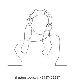 Continuous single one line sketch drawing of young woman happy listening music melody on headphones earphone object technology entertainment vector illustration