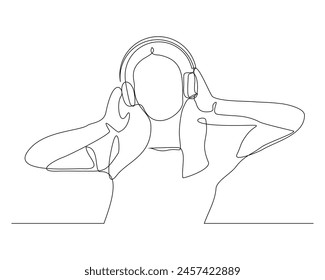 Continuous single one line sketch drawing of young woman happy listening music melody on headphones earphone object technology entertainment vector illustration