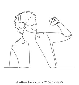 Continuous single one line sketch drawing of young man happy listening music melody on headphones earphone object technology entertainment vector illustration