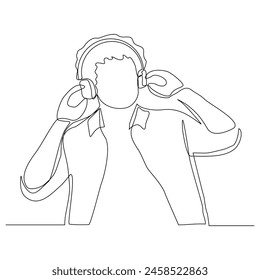 Dibujo continuo del boceto de una sola línea del hombre joven música feliz que escucha melodía en auriculares tecnología del objeto del auricular Ilustración vectorial del entretenimiento