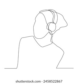 Continuous single one line sketch drawing of young man happy listening music melody on headphones earphone object technology entertainment vector illustration