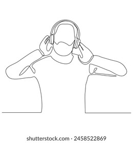 Continuous single one line sketch drawing of young man happy listening music melody on headphones earphone object technology entertainment vector illustration