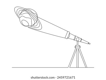 Continuous single one line sketch drawing of telescope optic magnifying observation outer space planet asteroid astronomy concept simple vector illustration