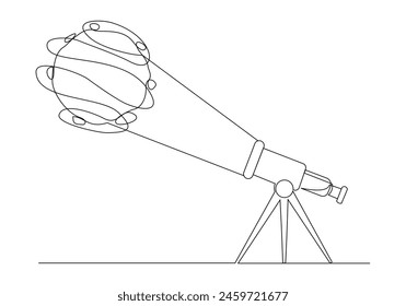 Continuous single one line sketch drawing of telescope optic magnifying observation outer space planet asteroid astronomy concept simple vector illustration