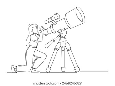 Dibujo continuo del boceto de una sola línea de la mujer mira el telescopio ciencia del espacio exterior galaxia diseño concepto Ilustración vectorial	